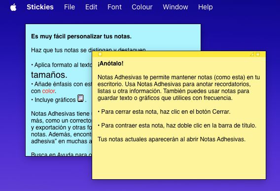 Captura de pantalla de la aplicación "Stickies" en macOS Tahoe
