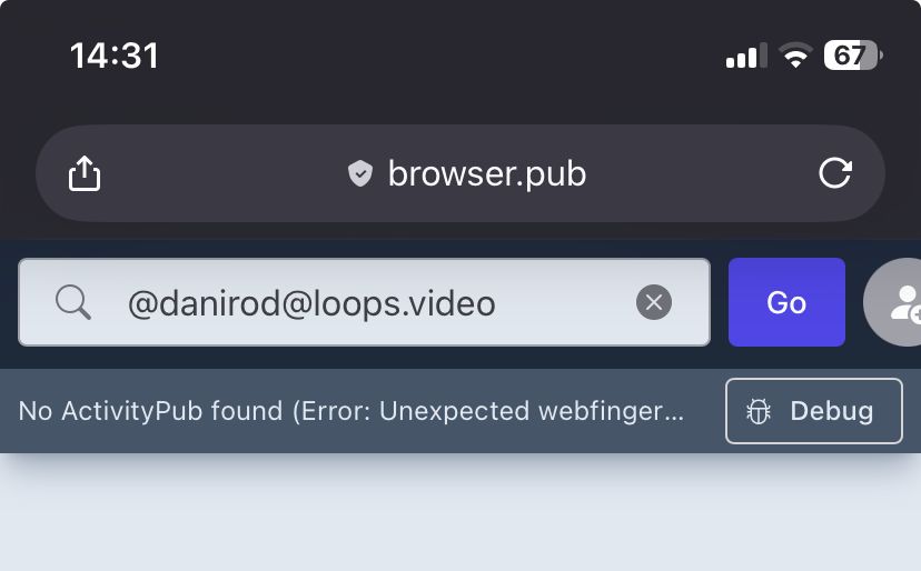 Pantallazo de browser.pub mostrando error al resolver el perfil de Dani en Loops.