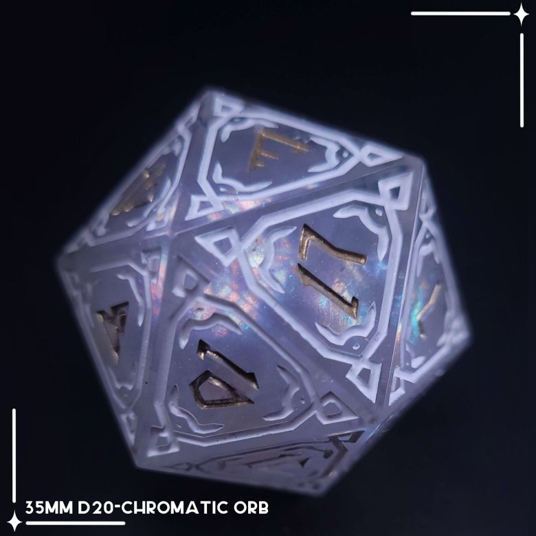 Large ornate d20 with white patterns and gold numbers. Inside the d20 is a shifting rainbow orb