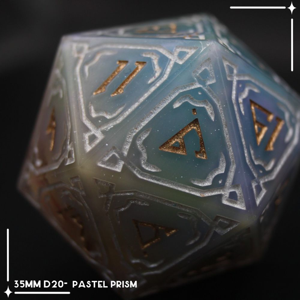 Ornate large d20, pastel rainbow with sparkly gold borders and bronze numbers