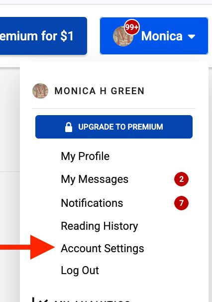 disabling AI on Academia.edu: #1 - go to 'account settings' (flagged with red arrow).