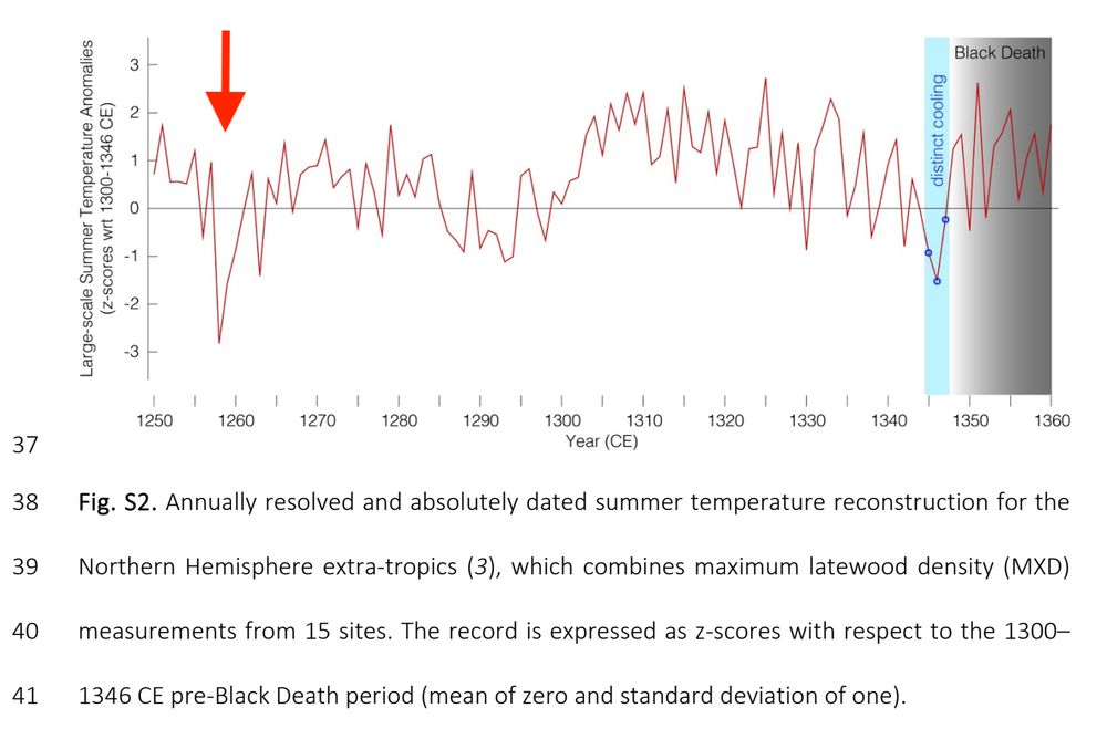 Bauch & Büntgen 2025, fig. S2. A graph showing "annually resolved and absolutely dated summer temperature." On the right side, a vertical blue bar marks the temperature dip after 1345. On the left side, a red arrow marks an even deeper dip after 1257. 1258 witnessed well-documented epidemic activity in the Middle East.