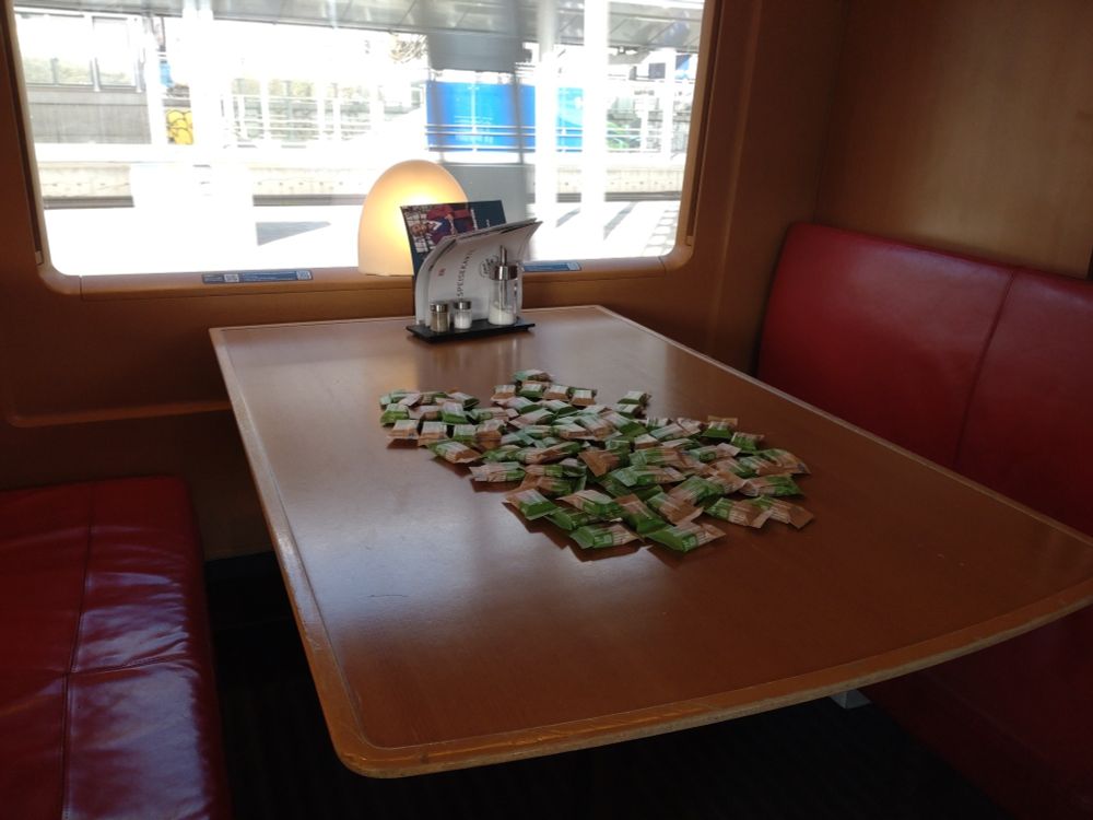 Plenty of little chocolate bars on a table in the ICE restaurant car - but nothing else available, due to GDL strike