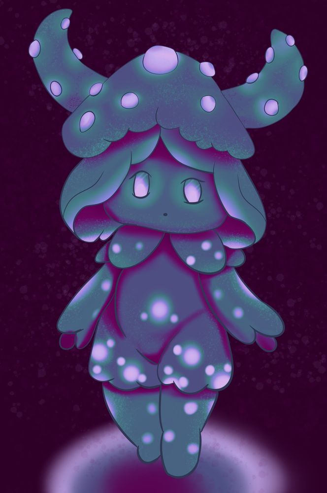 Mushroom Girl that is purple blue and pink 