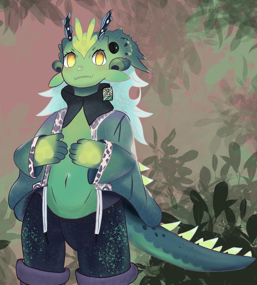 Reptilian girl with green skin wearing a dark green jacket, black pants, and purple shoes standing in front of a jungle. She has blueish white hair