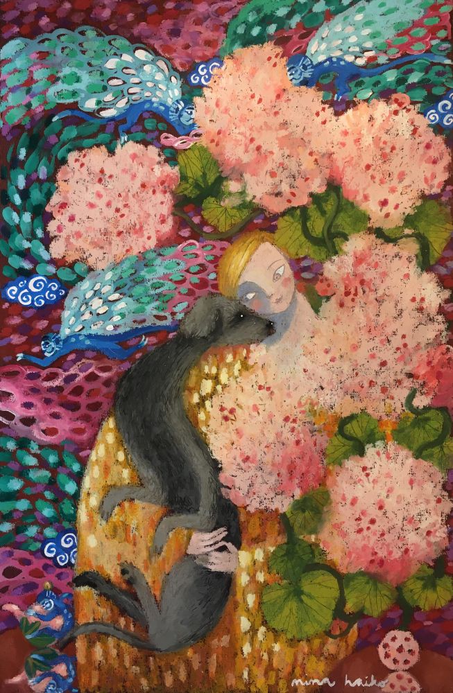 A Chinoiserie style colorful painting of a woman sitting under huge Pelargonium branches in bloom, holding a black dog in her lap. In the background there are blue monkeys flying. The woman and the dog look at each other and there is a teapot next to them on a small table.