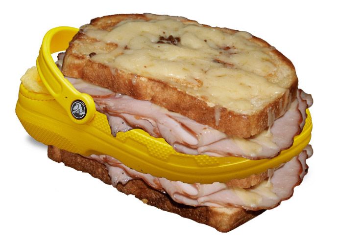 A croc monsieur: a rubber shoe between bread and ham. It’s a pun, and I’m a bad person.