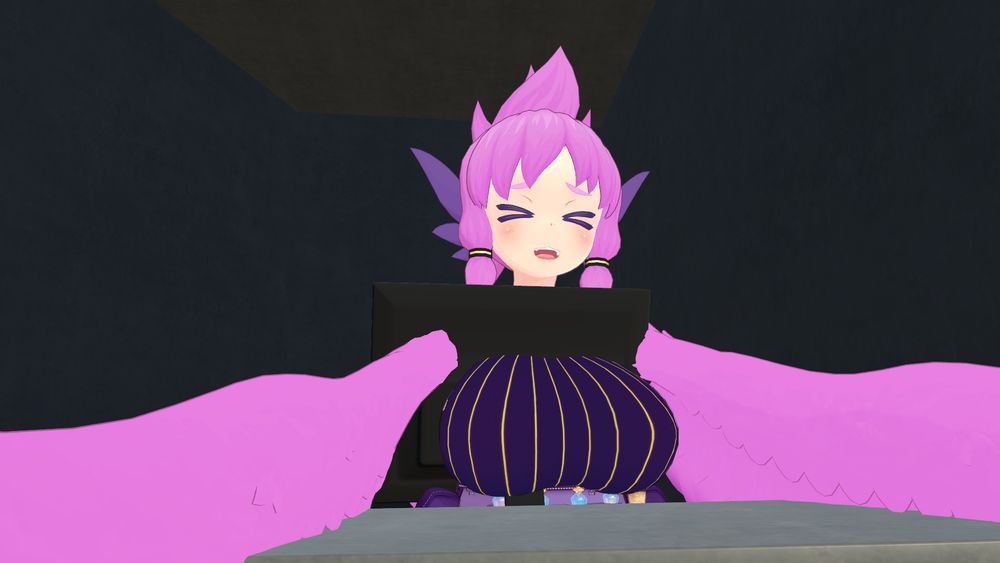 my harpy avatar in vrchat, but her chest is clipping through the model of a flatscreen monitor and she has a goofy >u< expression
