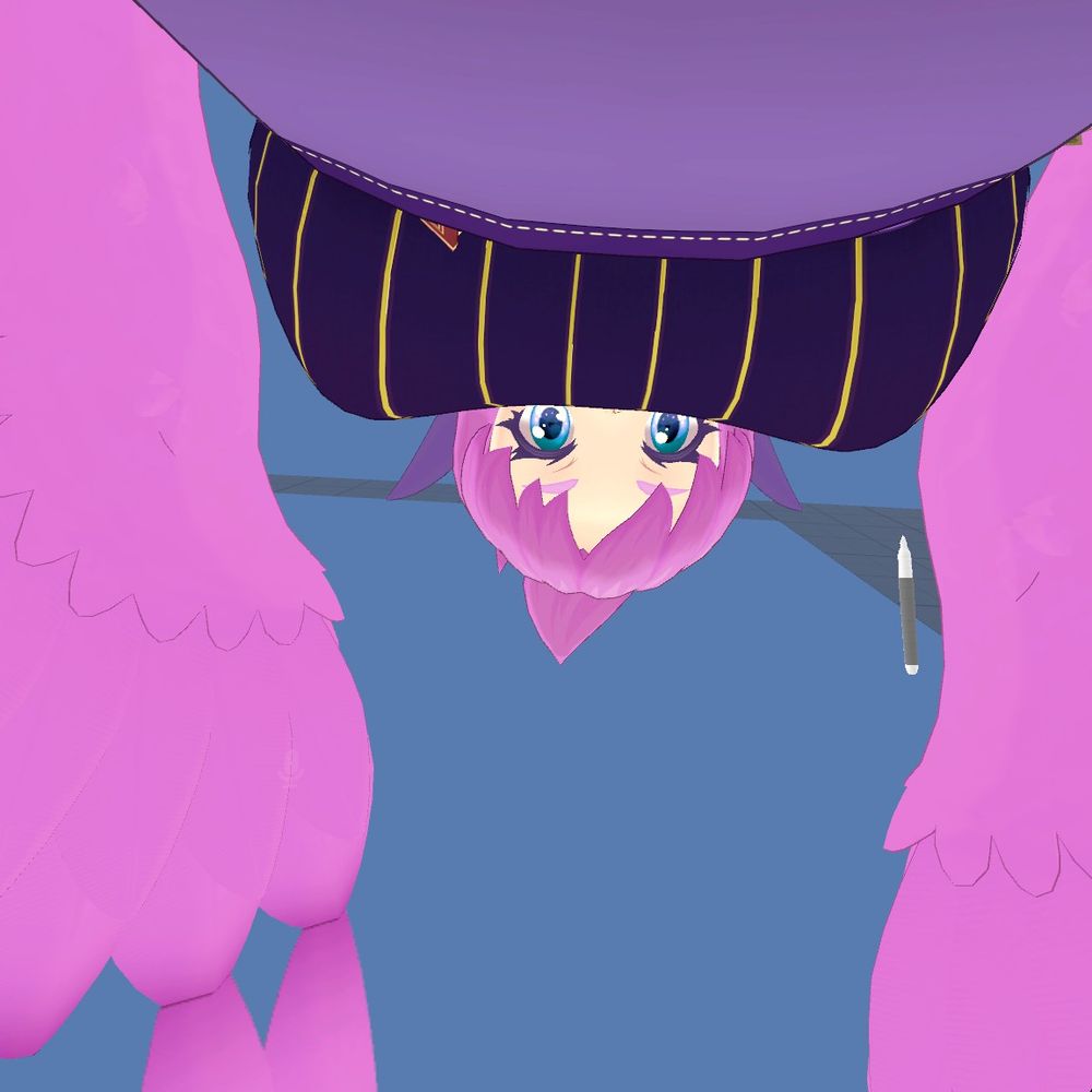 a picture from vrchat taken by a friend. it is a view of my harpy avatar as seen from ~waist level. her eyes peek out over her bosom and her wings are poking into a mirror. she kinda looms over the camera's pov.