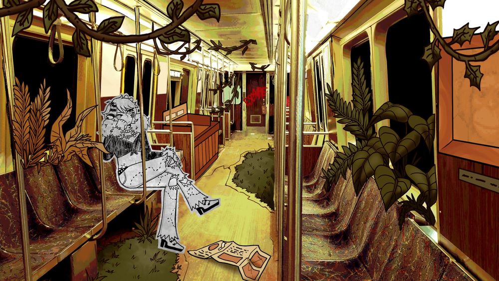 Video game screenshot.

Image shows the interior of a train car that is mainly orange and yellow in color. The car is overrun with plants, and has a painting of a monkey on the side, a flyer on the floor, and a door in the back that says "Escape". A man in a flashy outfit is sitting on the side.