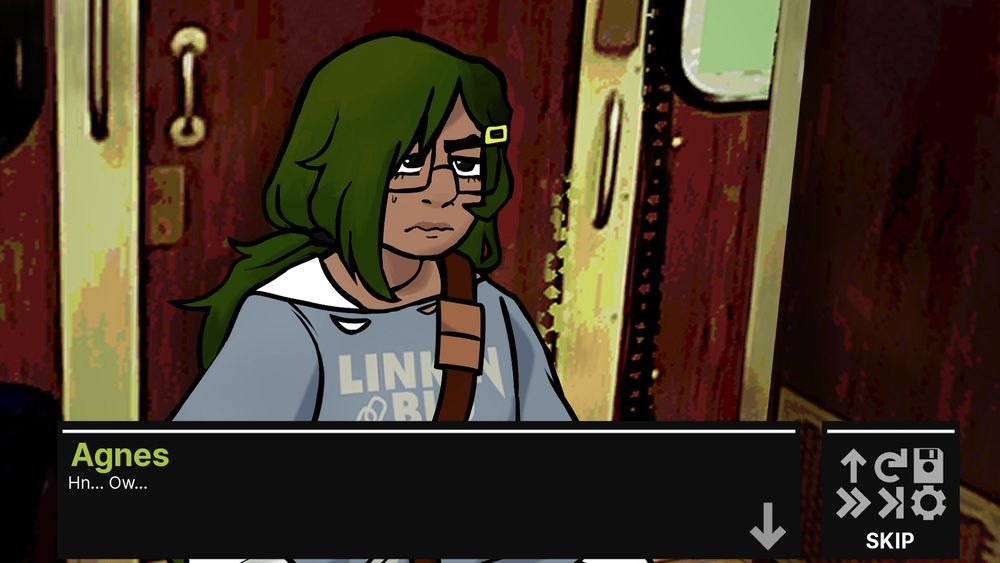 Video game screenshot.

Image shows a girl with green hair and glasses slouched down on the floor against a door. The text box below her reads: "Agnes: Hn...Ow..."