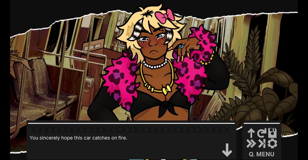 Screenshot from a videogame.

In the middle of the screen is a man with blonde hair and a very flashy pink and black outfit. There is a textbook below him that reads: 
Agnes: "You sincerely hope this car catches on fire."