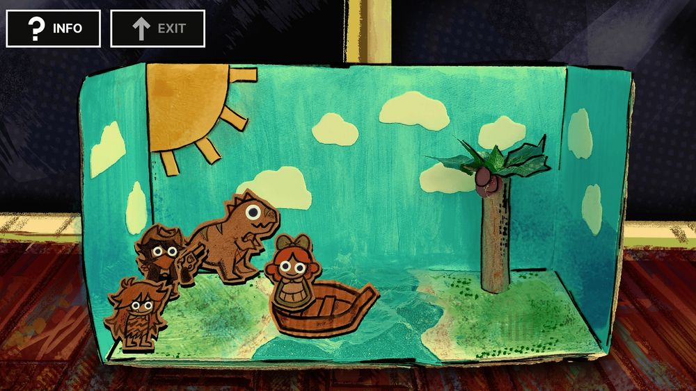 Video game screenshot.

Image shows a diorama of a river with a boat, and 4 figurines. The 4 figurines are of a cowboy, a dinosaur, a caveman, and a little girl. On the top left are two buttons that read "Info" and "Exit"