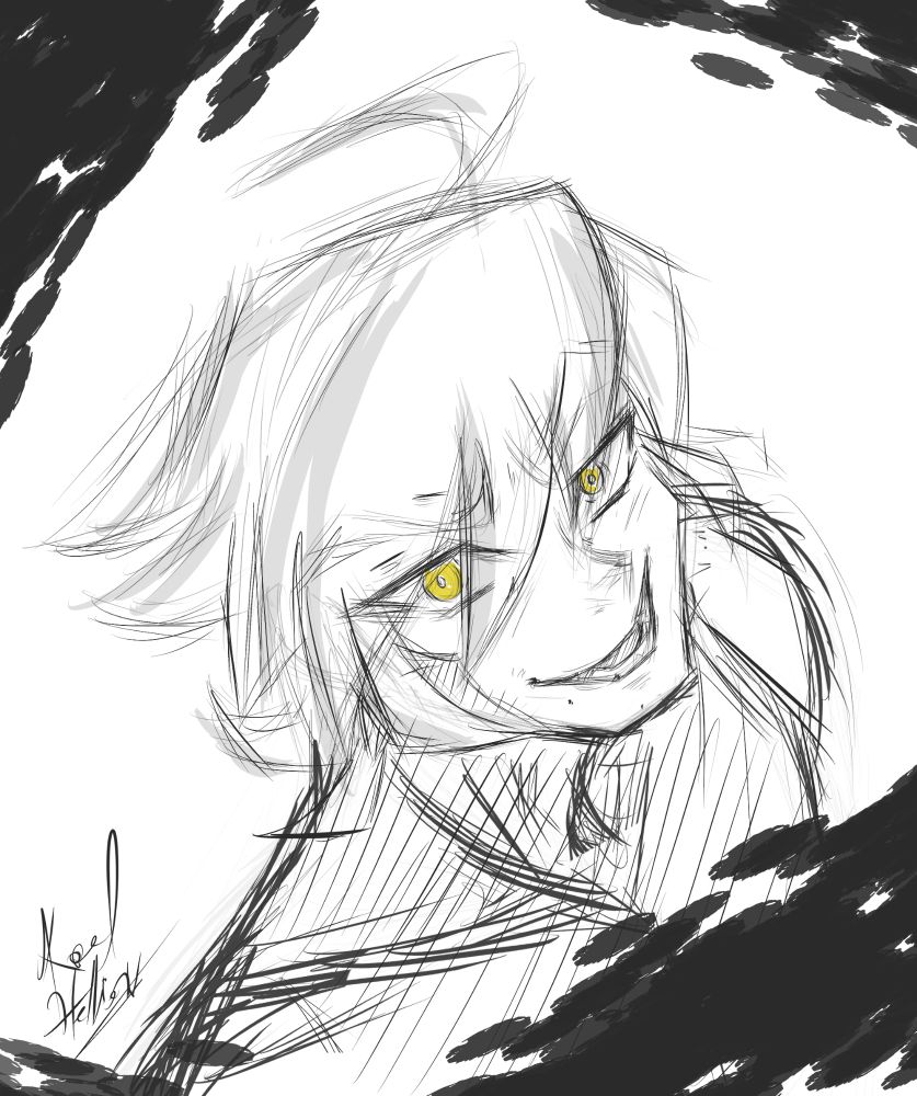 Headshot if a white haired dude with yellow eyes