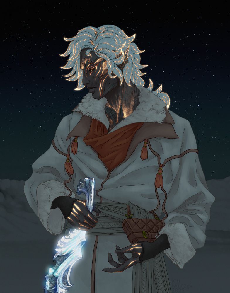 A digital painting of a masc sylvari dressed in loose, fur-lined robes in warm colors. His bark is a dusty charcoal, and his fronds, gathered into a loose ponytail, are white, with markings similar to silver begonia leaves. Orange glow, like burning embers, curls along his features and fronds in flowing lines. His face is in profile as he stands in front of a snowy landscape at night, holding a dagger made out of glowing ice in a loose grip.