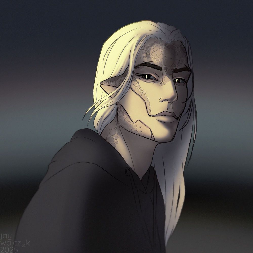 A drawing of Noah, turning to look at the camera as if he caught someone taking a picture of him.
Noah is a vampire with partially scaled skin and a line of his mouth that extends past the corners of his lips and upwards towards his cheekbones, hinting at a monstrous jaw hidden behind his human features. He's of mixed Asian descent, with fairly androgynous features. His eyes are black with reflective slit pupils, and his hair is long and white, parted in the middle, with loose strands framing the sides of his face.