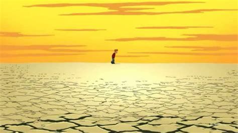 Still from the Futurama episode “The Late Philip J Fry” of Fry walking along an orange horizon with a vast barren desert in front of him. In this episode three characters get stuck going forward through time, and at one point end up so far in the future that Earth is dead.