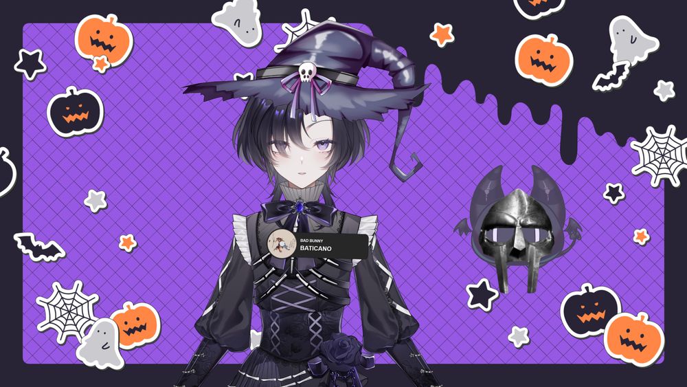 dokuro wearing a witch hat and a pin on his clothes listening to BATICANO by Bad Bunny, and Morris wearing an mf doom mask in front of a purple background with halloween themed stickers around them
