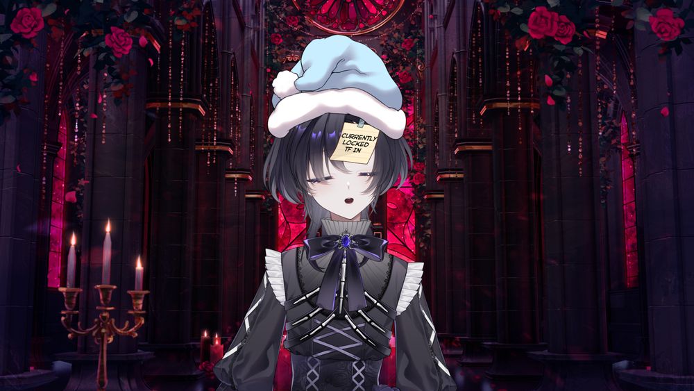 dokuro wearing a nightcap and with a note that says "currently locked tf in" taped to his head