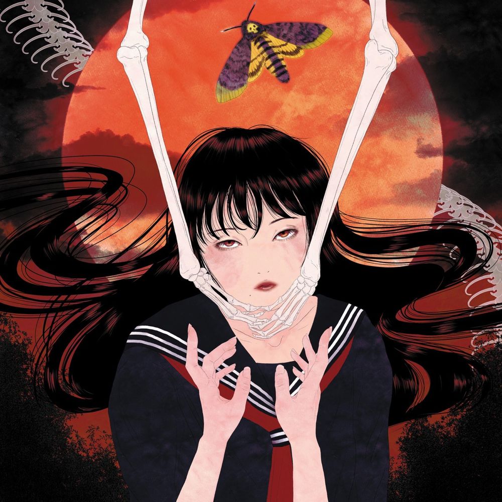 The cover art for Visual Kill: The Blossoming of Psychotic Depravity by Saidan, featuring a girl wearing a sailor fuku being grabbed by two disembodied skeletal hands, in front of a red moon, with a death's head moth flying above her