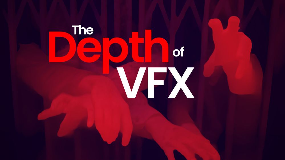 Promotional graphic for 'The Depth of VFX' featuring stylized red hands reaching out amidst a dark, shadowy background with bold text overlay.