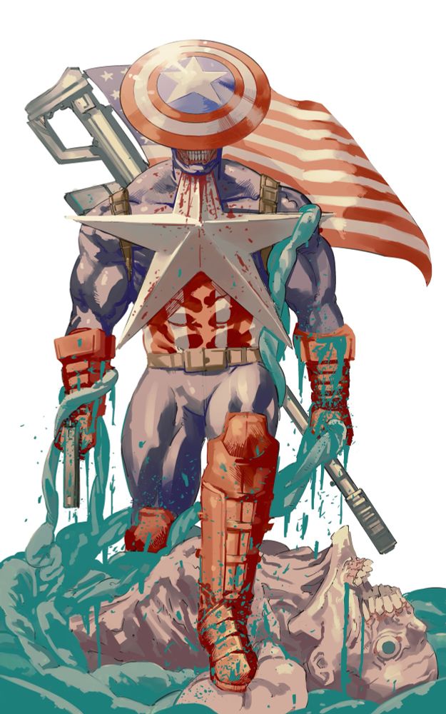 A grotesque depiction of Captain America by Fujimoto (Chainsaw Man) with a shield as his head and the American star impaling his lower jaw. He walks towards the viewer with blue bloody entrails as the American flag eaves behind him.