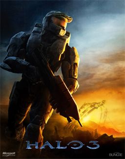 The cover box of the game, Halo 3. The main character, Master Chief, walks off with his assault rifle with alien wreckage and a beautiful sunset in the background.
