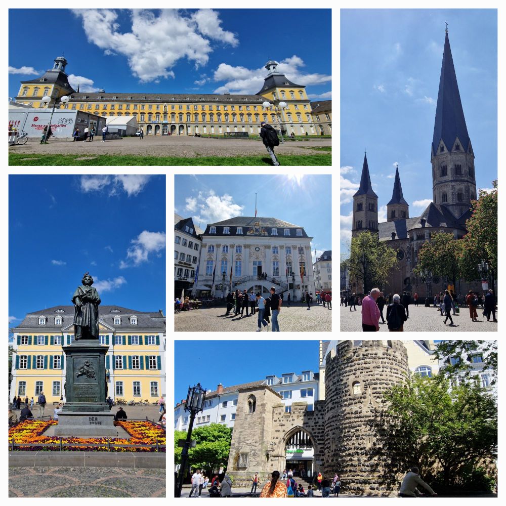 Bonn-Collage: Schloss (heute Uni-Gebäude), Beethoven-Statue mit altem Postamt, altes Rathaus, Bonner Münster, altesStadttor?