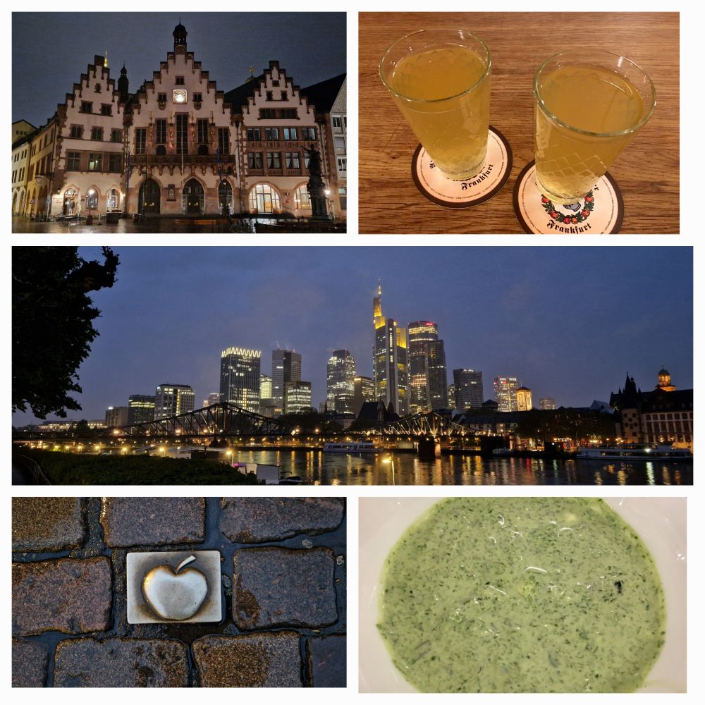 Collage: Frankfurt am Main, Rathaus/Römer, Apfelwein (Äppelwoi), Skyline, Apfel aus Messig im Kopfsteinpflaster, grüne Soße