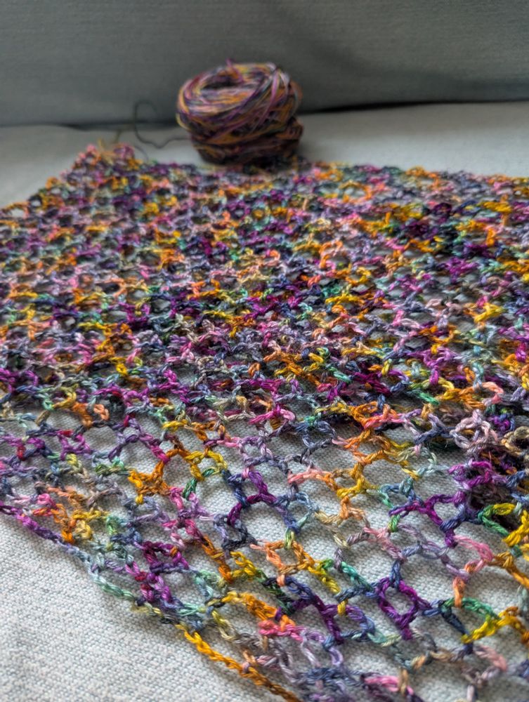 Photo of crochet work in progress - an open, lacy stitch in multicoloured fine yarn (fingering weight). The yarn cake is in the background.