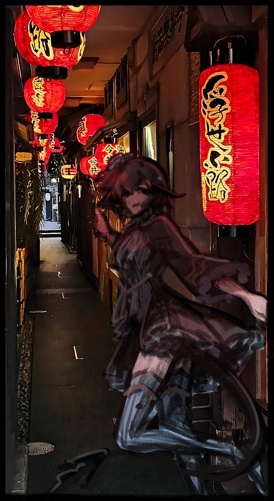 wip sketch of ffxiv oc ren arciel in a japan alley lit by red paper lanterns, drawn over a picture