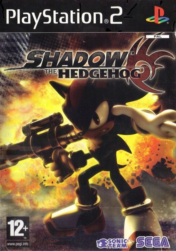 The Shadow the Hedgehog box art for Playstation 2. Shadow looks rad as hell, busting out of the cover with a bazooka in hand, and an explosion behind him.