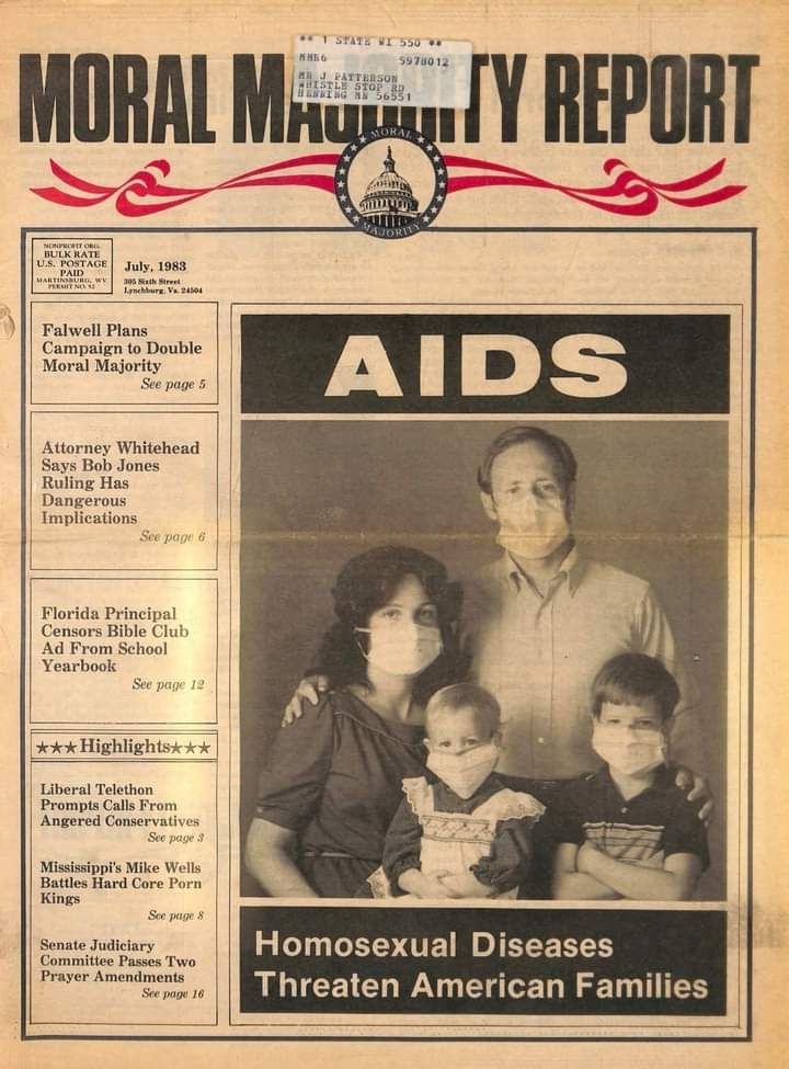 Journal réac américain ( usa ) 
Aids : homosexual diseases threaten american families. 

Une famille hetero posé avec des masque.