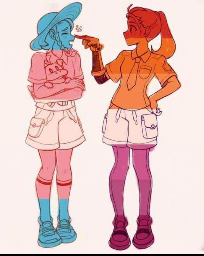 2 meufs en dessins. Drapeaux trans et lesb sur elles.