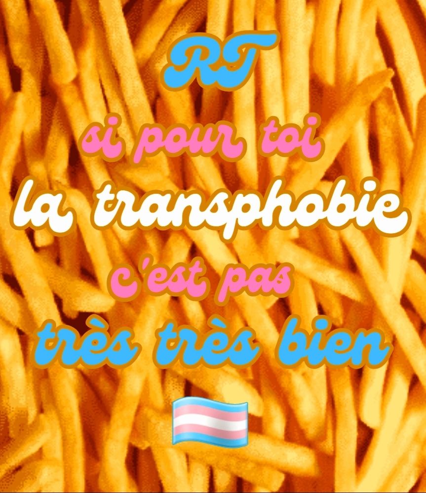 RT 
SI POUR TOI
LA TRANSPHOBIE 
CEST PAS 
TRES TRES BIEN

sur un fond de frites.

Moooooooche