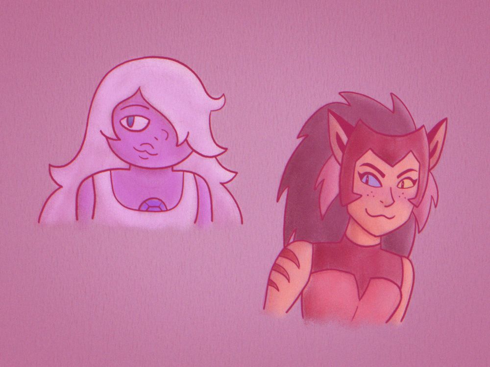 Drawings of the characters Amethyst and Catra. Features proportions accurate to the original series but has a very pink color scheme and is made to look more like a real pencil drawing. Has a blank pink background with a subtle vignette and pencil texture.