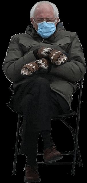 Das bekannte Bild von Bernie Sanders. Auf einem Klappstuhl sitzend, mit gekreuzten Beinen, Strickfäustlingen und einer blauen Op-Maske.