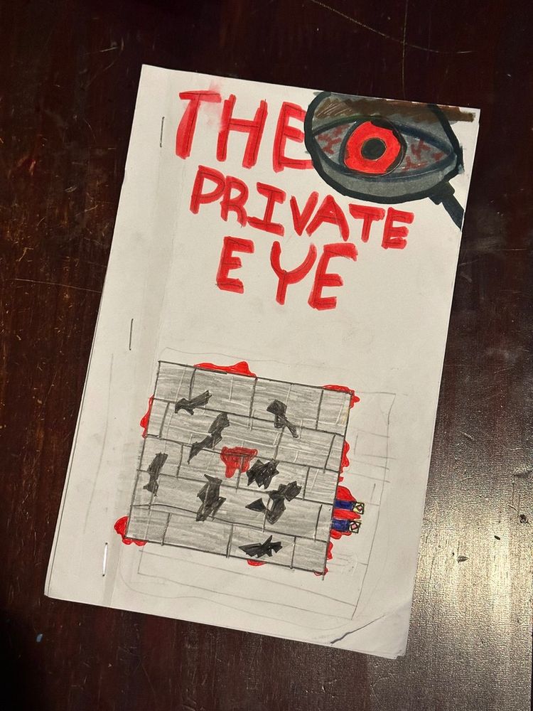 A child's drawing of a wall covered in bats, with blood leaking out and the title THE PRIVATE EYE, with a magnifying glass showing a bloodshot eye.
