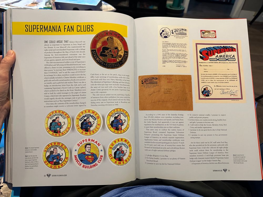 Another interior spread, showing memorabilia from various Superman fan clubs.