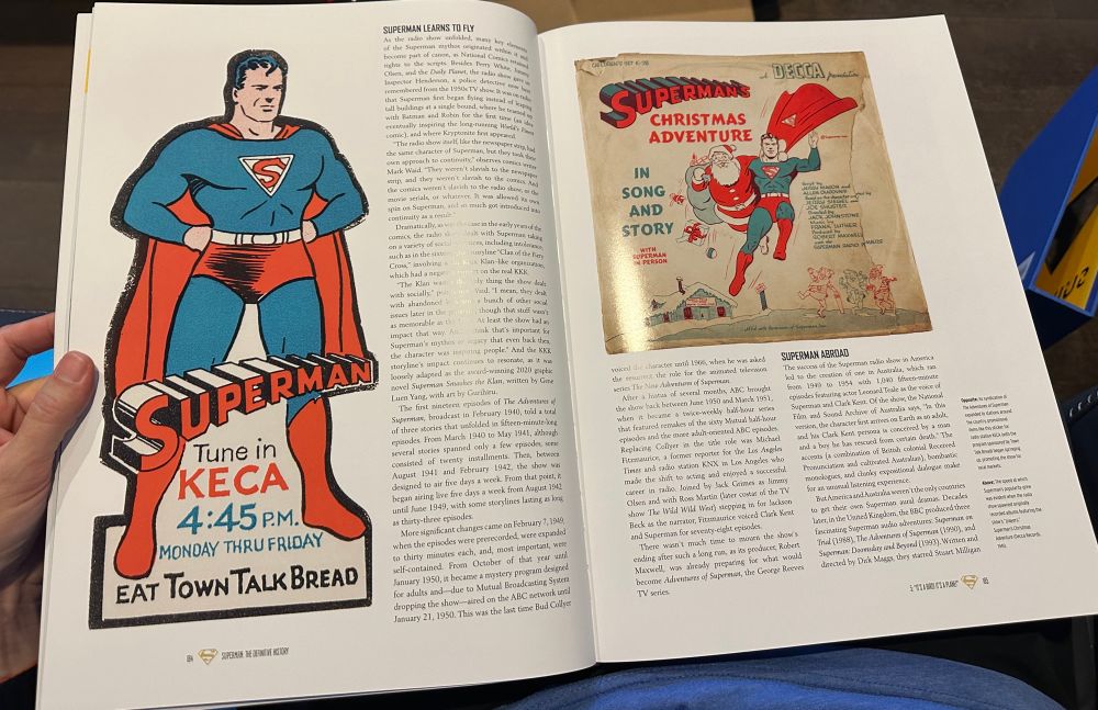 Interior spread from the Superman book, with vintage Superman ads. One for a Superman radio program, one for a Superman holiday adventure.