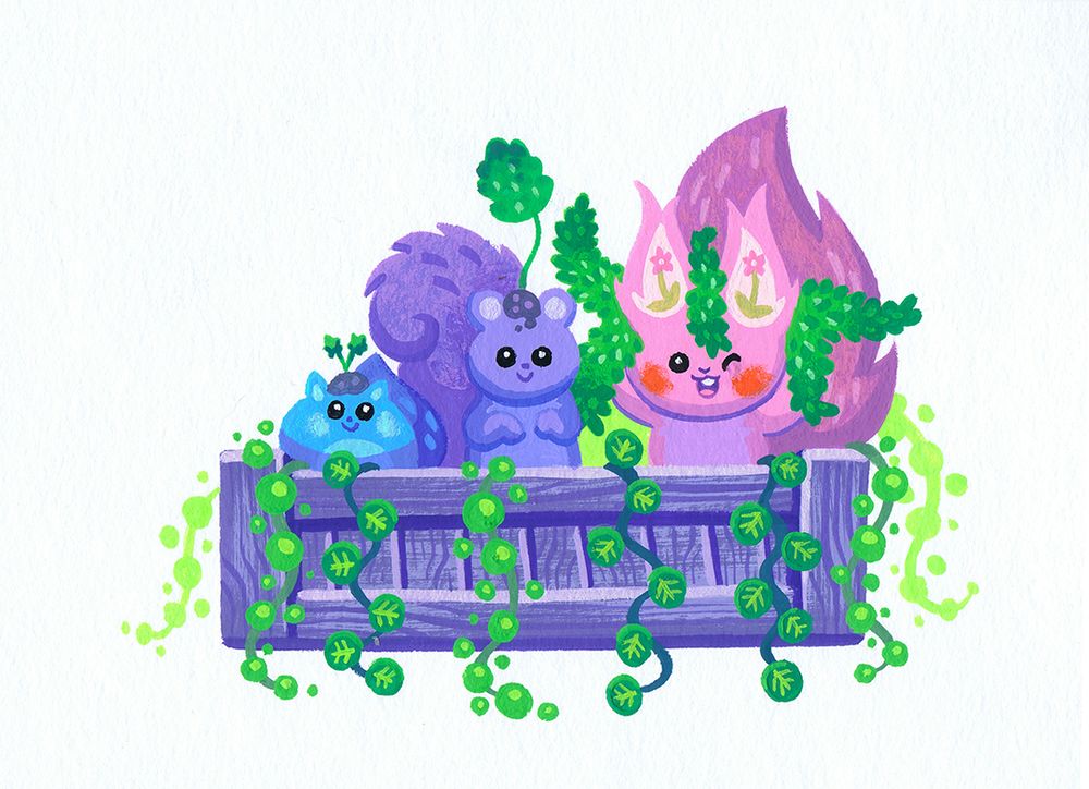 Painting by artist Becky Dreistadt of some critters hanging out in a planter full of succulents.