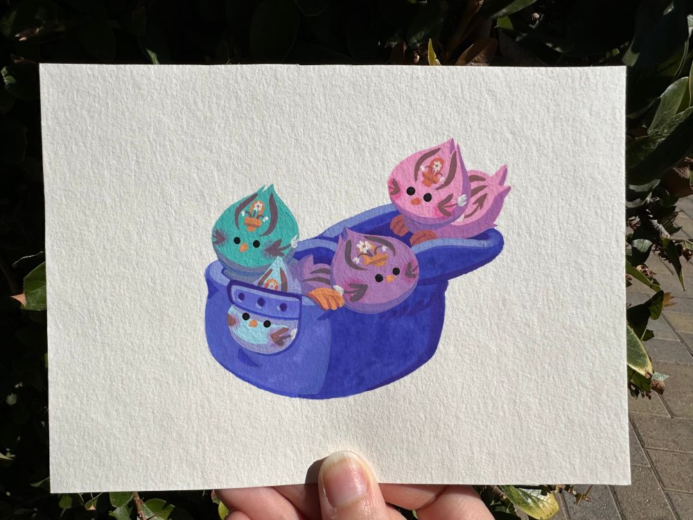 Painting by artist Becky Dreistadt of some birds nesting in a hat. 