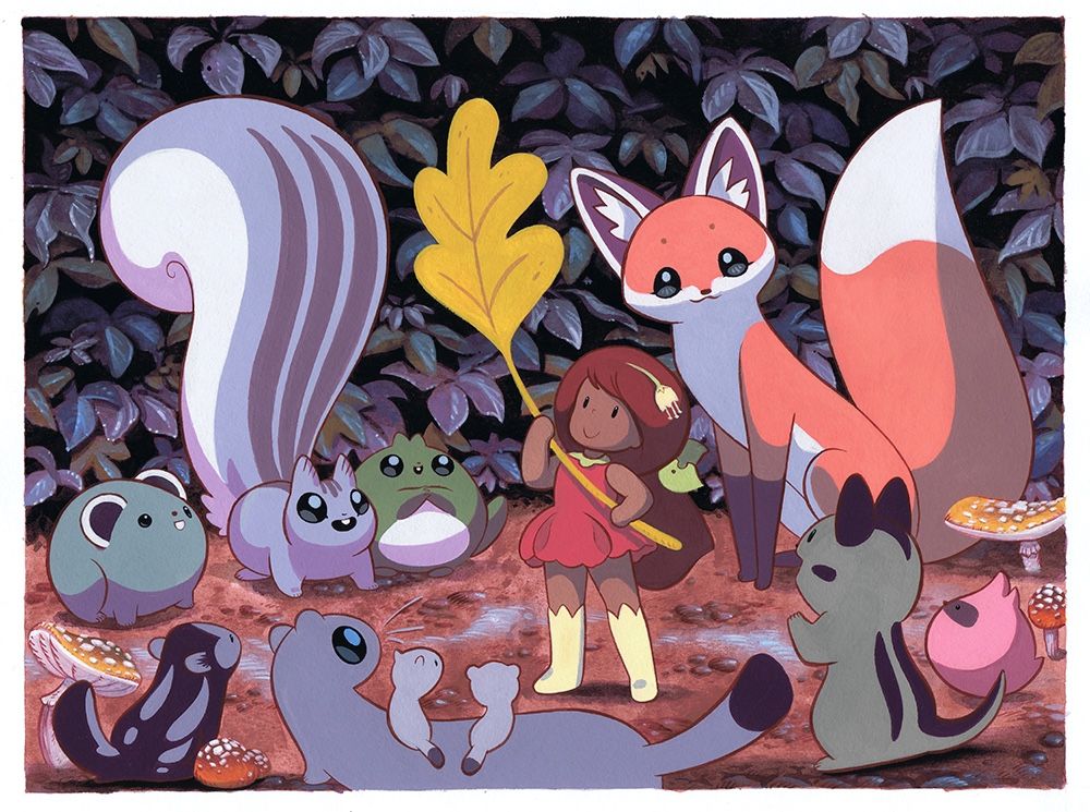 Gouache illustration by artist Becky Dreistadt of Thumbelina and her animal friends 