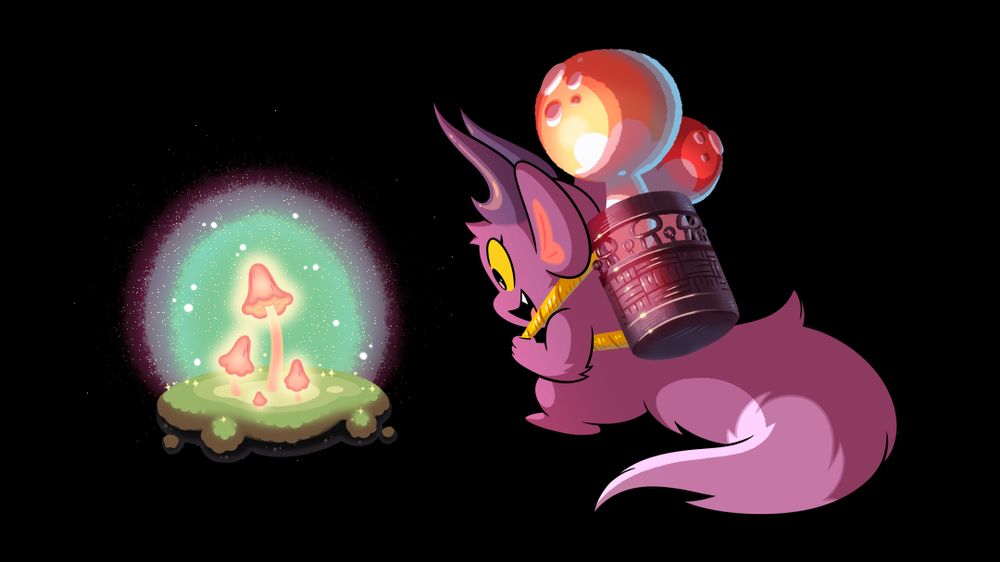 A digital illustration by artist Becky Dreistadt from her Bouquet Forest series. A folk art inspired by creature comes across a glowing mushroom in a dark forest.