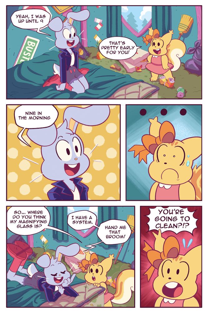 Bustletown: Messy, a minicomic by Becky & Frank Page 4: Geneva is surprised her messy pal is going to clean.