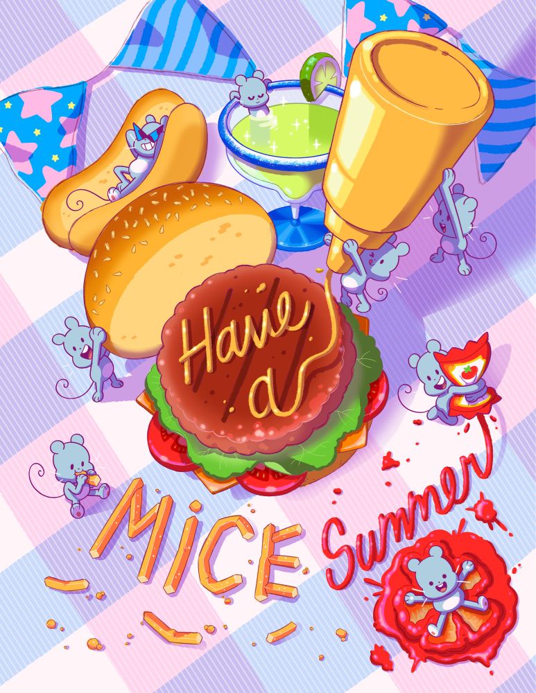 Digital illustration by artist Becky Dreistadt depicting a summer scene of mice messing with a summer BBQ. Have a mice summer!
