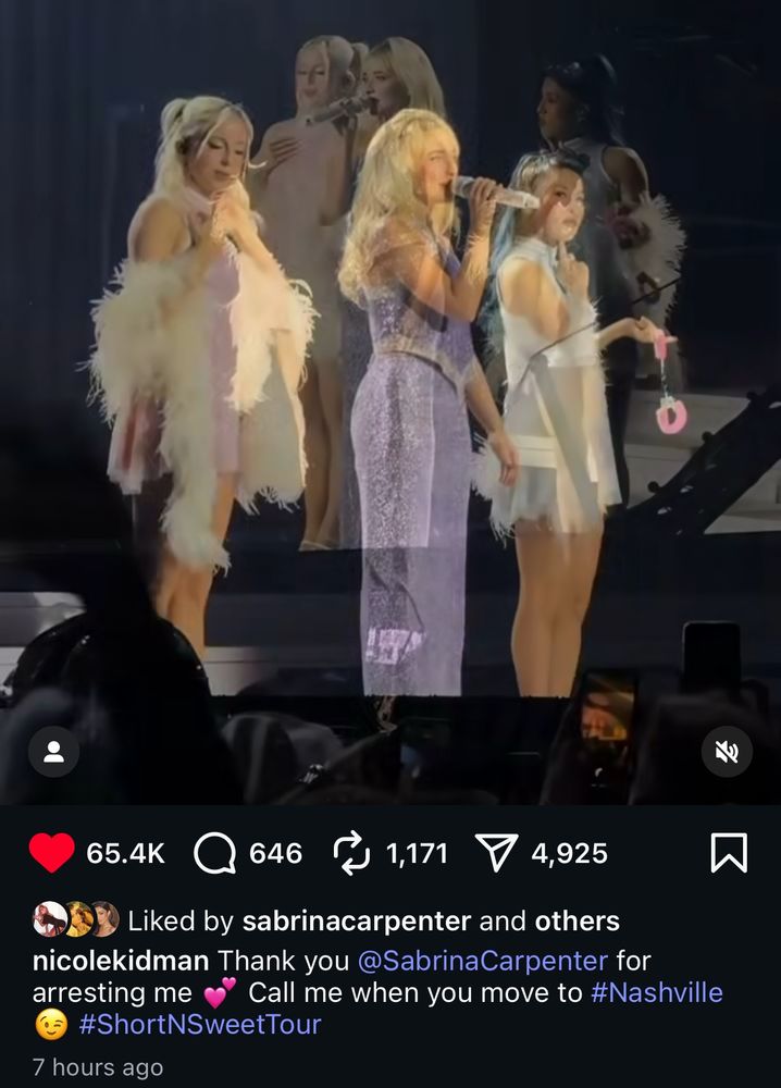 65.4K
646
R 1,171
V
4,925
Liked by sabrinacarpenter and others nicolekidman Thank you @SabrinaCarpenter for arresting me
Call me when you move to #Nashville
#ShortNSweetTour
7 hours ago

Sabrina on stage in lilac two piece