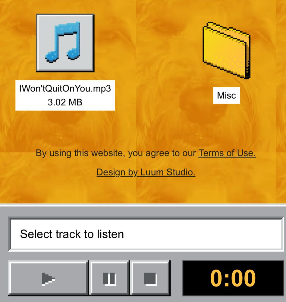 IWon'tQuitOnYou.mp3
3.02 MB
Misc
By using this website, you agree to our Terms of Use.
Design by Luum Studio.
Select track to listen
0:00