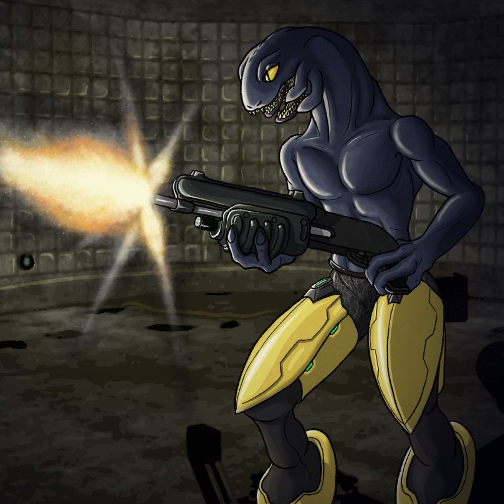 Artwork of a topless sangheili firing an M90 shotgun