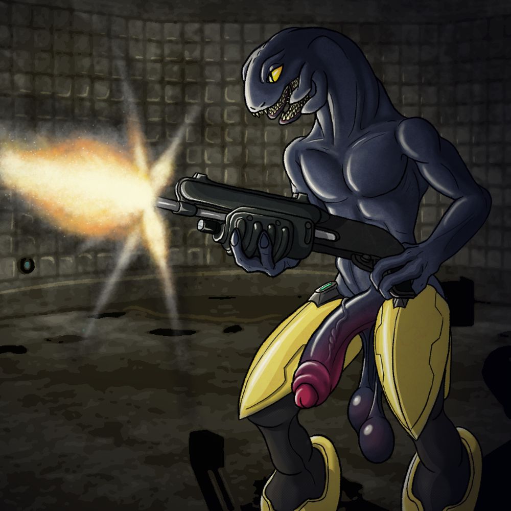 Drawing of a sangheili naked save for leg armor, holding an M90 shotgun mid blast, while his fat cock and balls dangle out